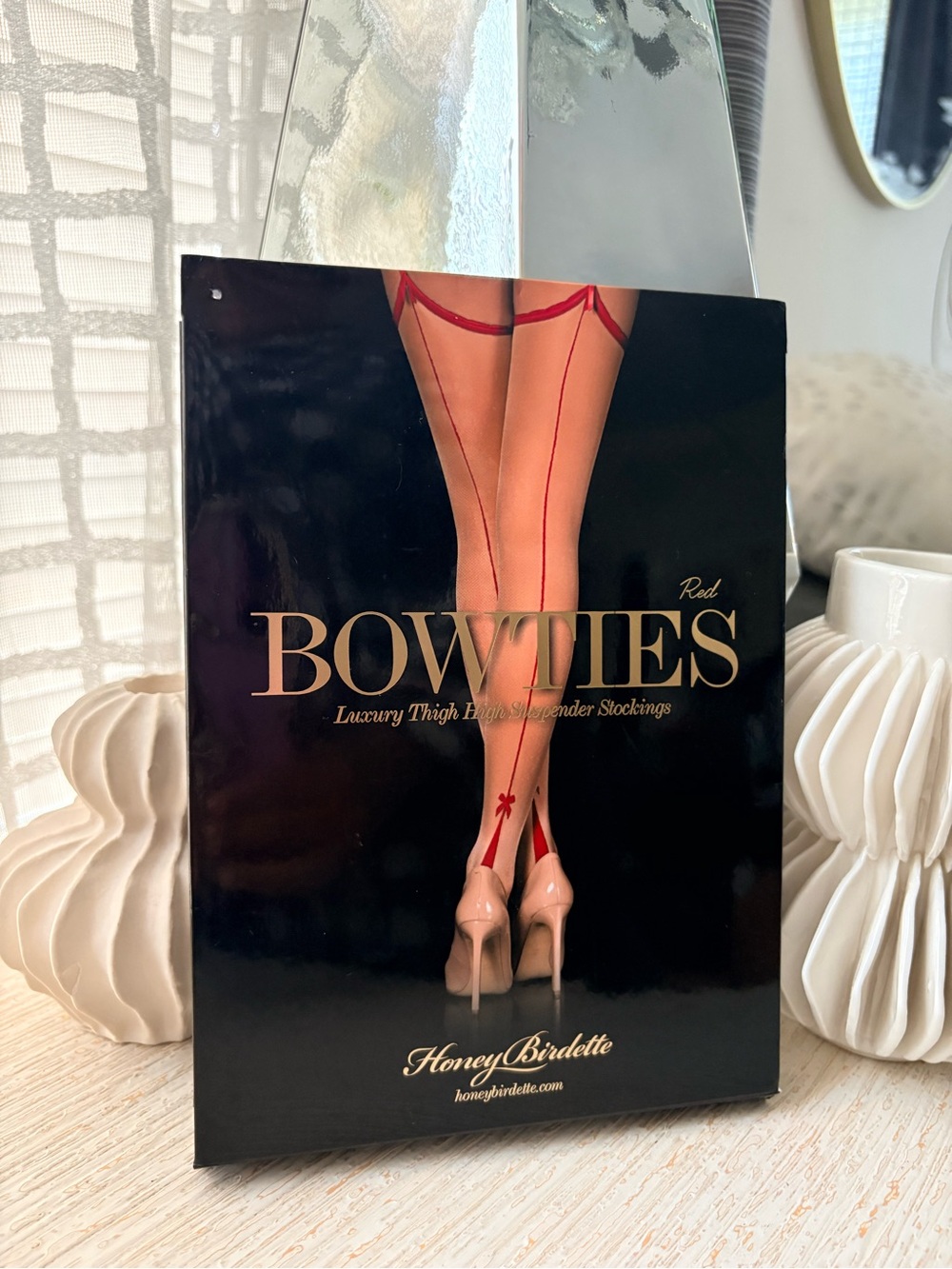 NWT Honey Birdette Red Bowties Luxury Thigh High Suspender Stockings Size S